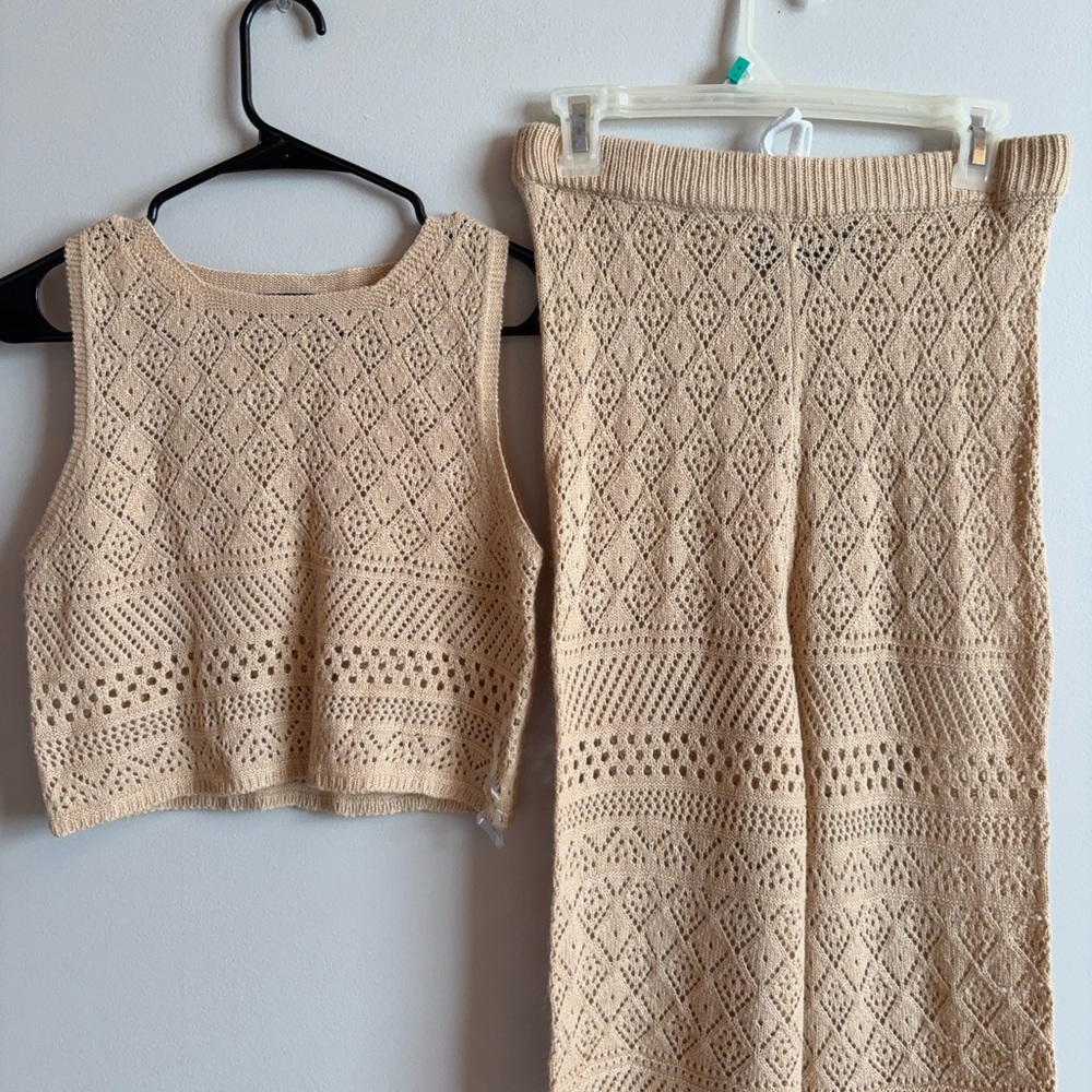 Beige Crochet Knit Top and Pants Set (Xs-S)